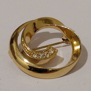 Gold Tone Swirl Brooch Pin Rhinestone Accents